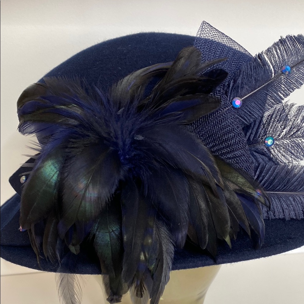 Deborah Fashion Elegant Navy Women's Hat Feathers Netting Wool Felt